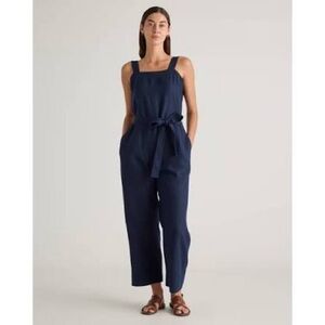 Quince European Linen Square Neck Navy Tie-Waist Jumpsuit